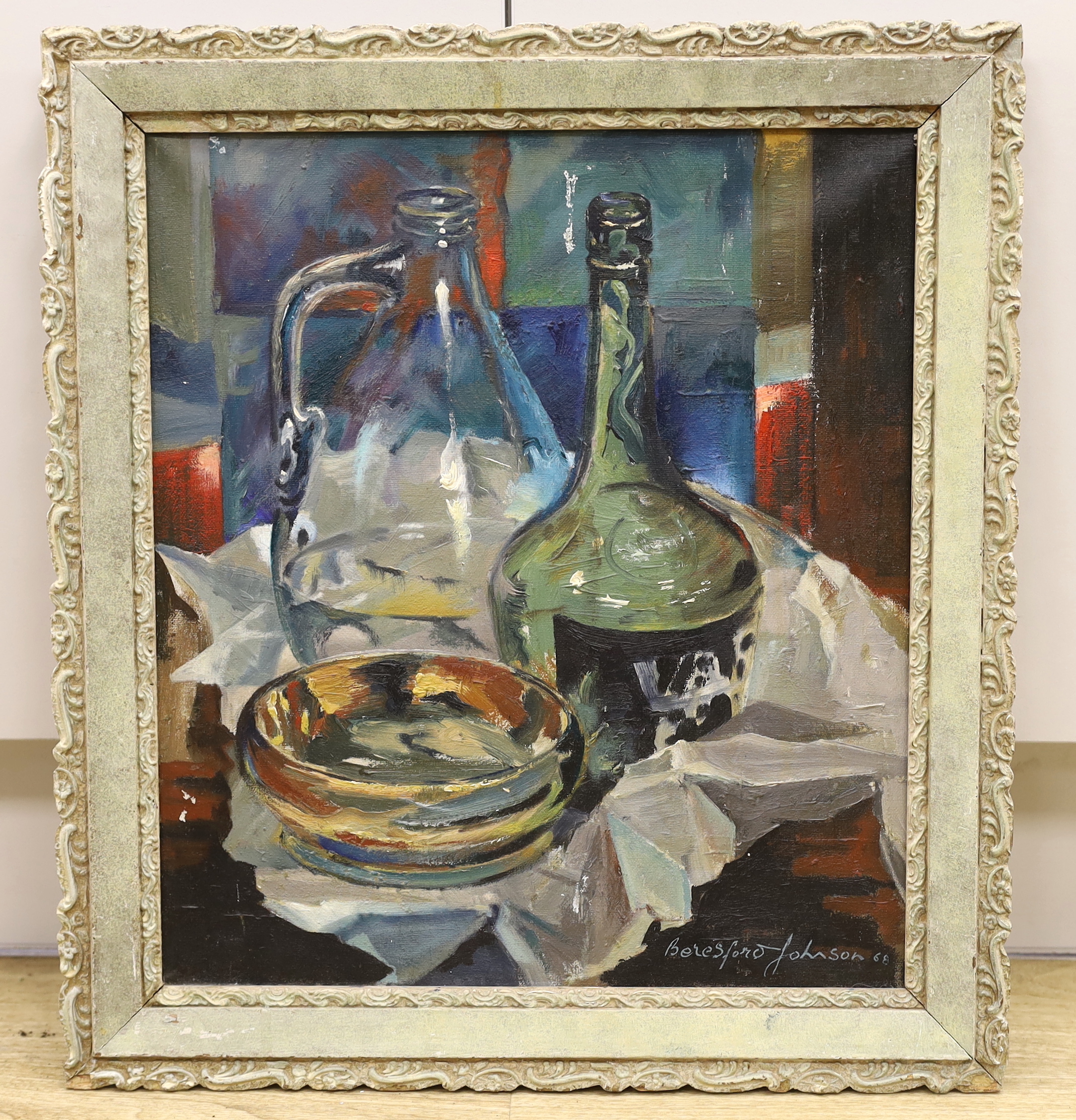 Beresford Johnson, oil on canvas, 'Two bottles', signed, International Amateur Art Exhibition, signed and dated '68, inscribed label verso, 44 x 39cm